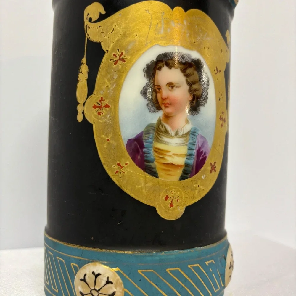 Antique Old Paris Porcelain Portrait Vase Black Gold Trim Decorative‎